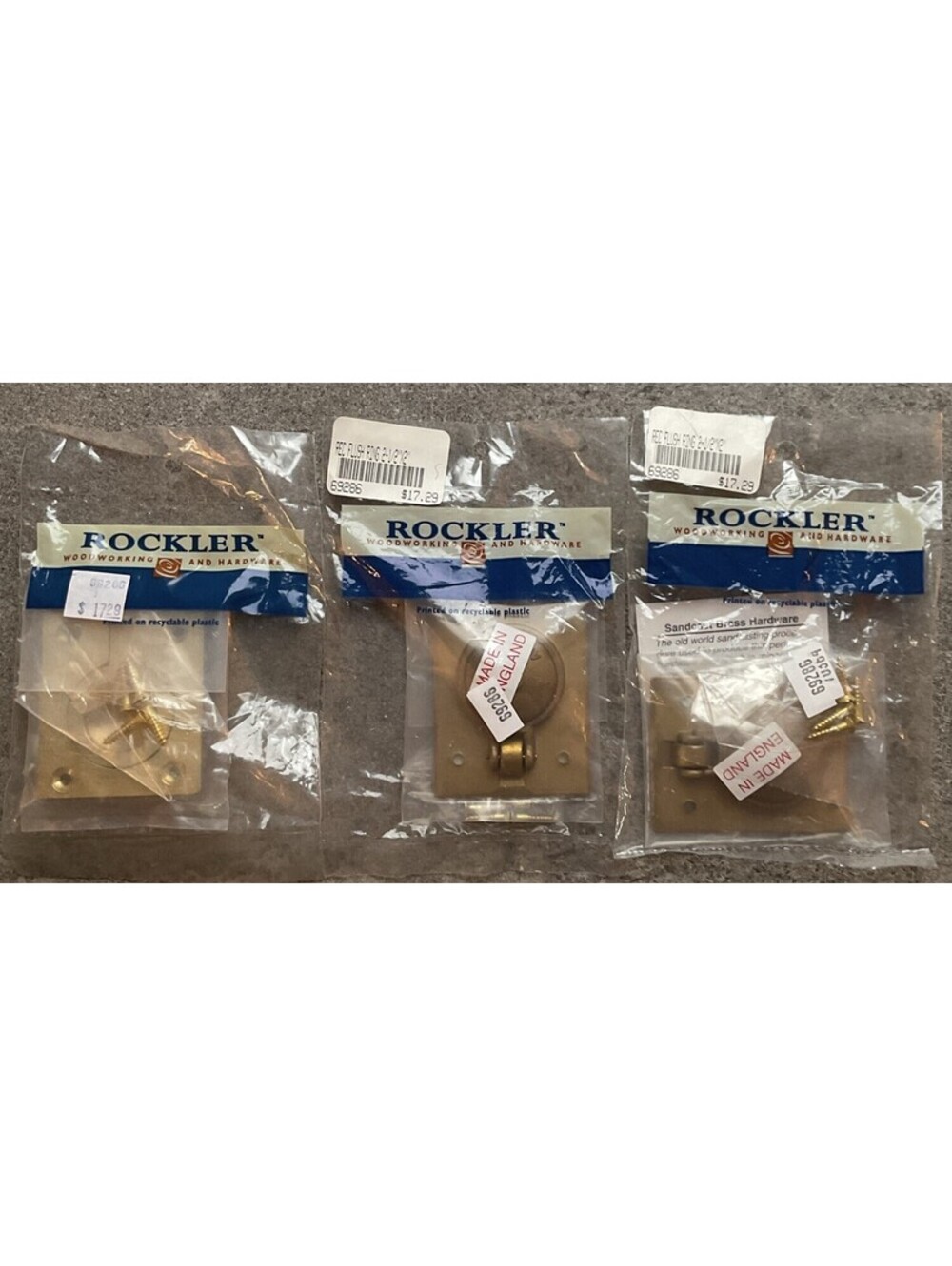 3 New Old Stock ROCKLER Brass Hardware Furniture Flush 2 1/2”x2” Ring Pulls S2